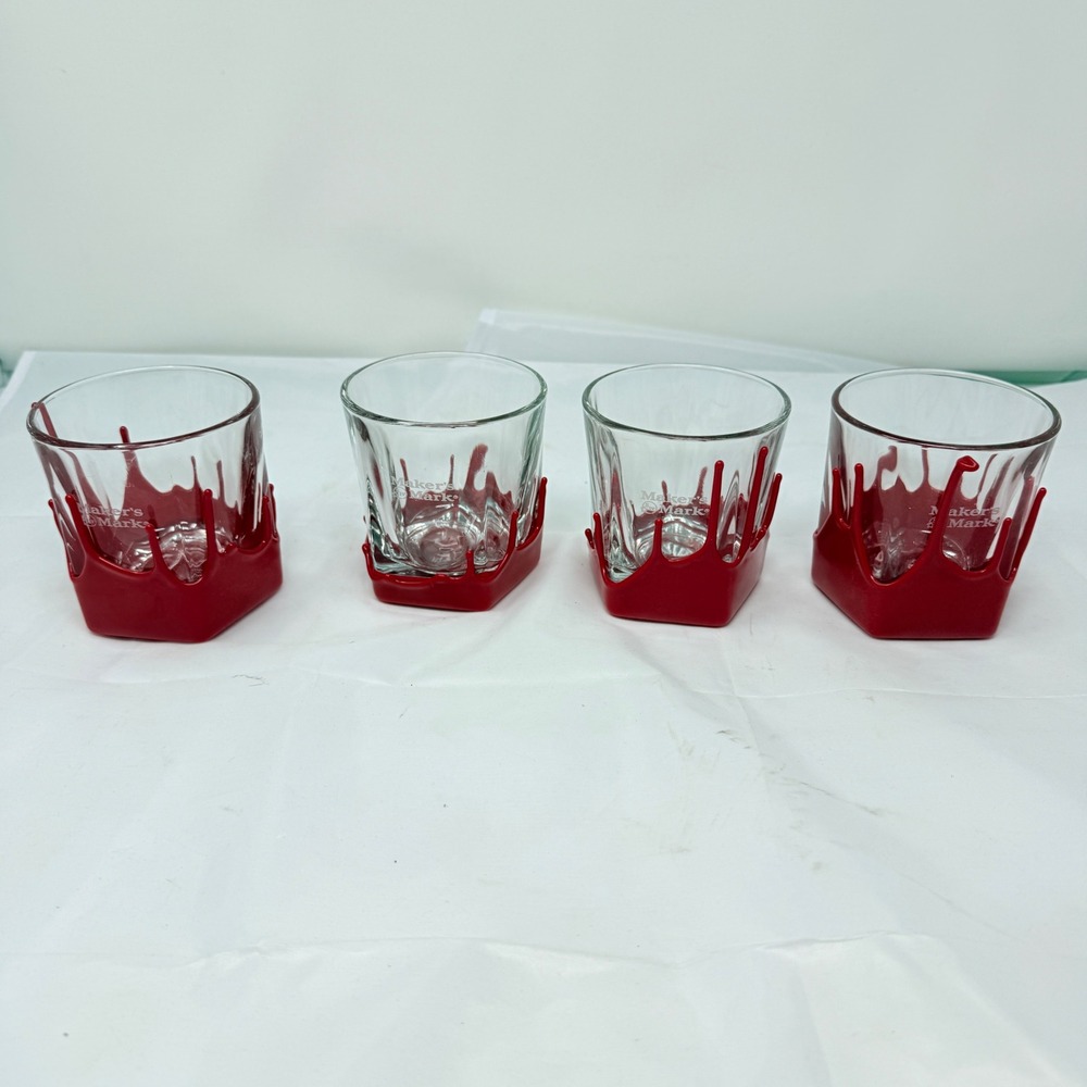 4 Maker's Mark 9 OZ Red Wax Dipped Rocks Set Glasses Bourbon Whiskey 4"